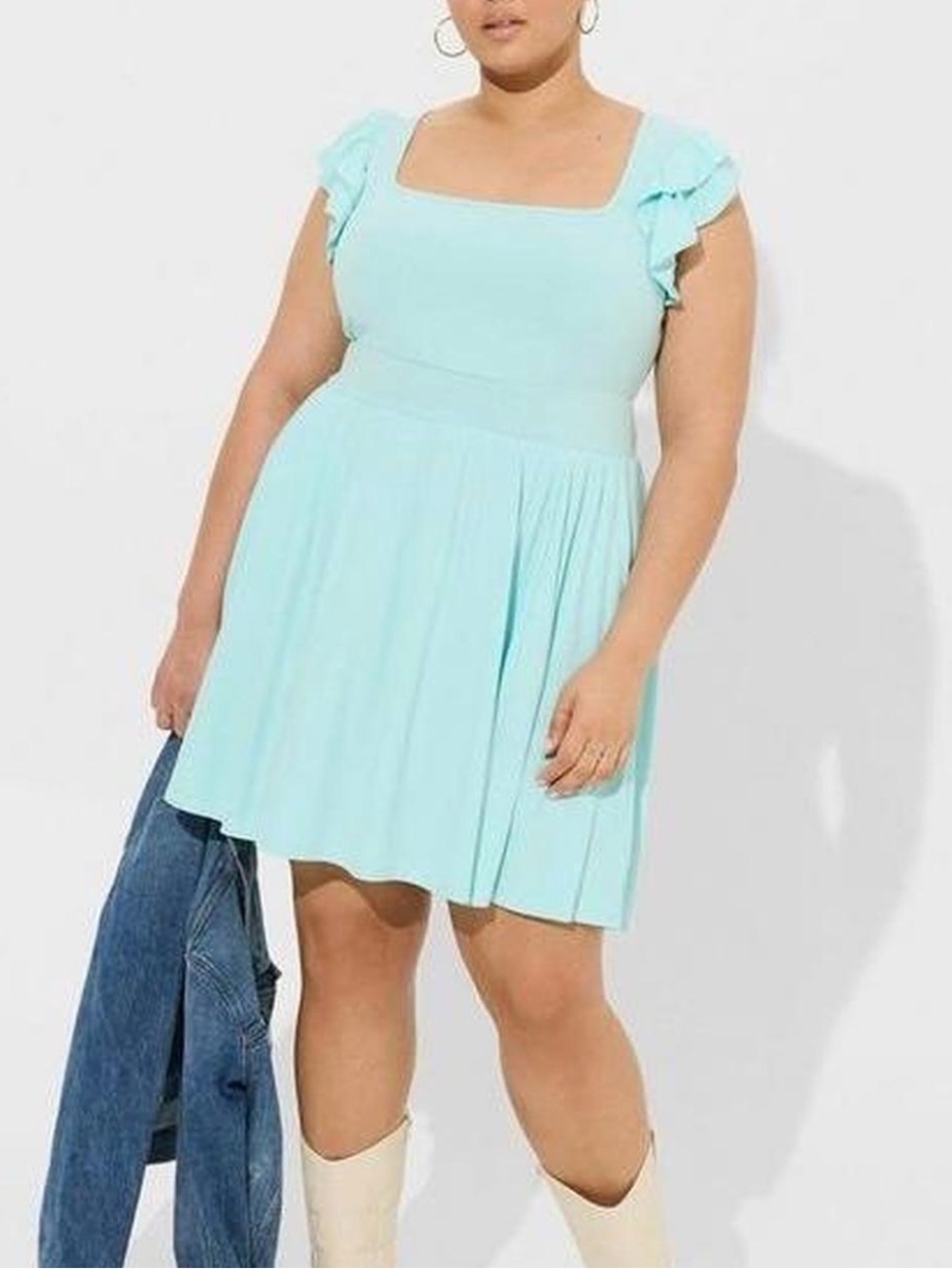 torrid Light Aqua Square-Neck Ruffle Sleeve Mini Dress